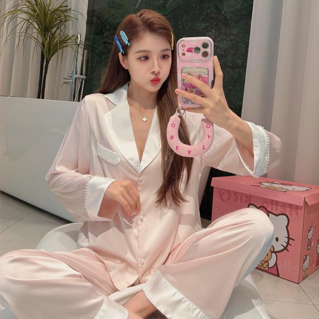 Spring and summer thin ice silk pajamas women's long-sleeved trousers sweet girl age-reducing pearl silk loungewear explosion