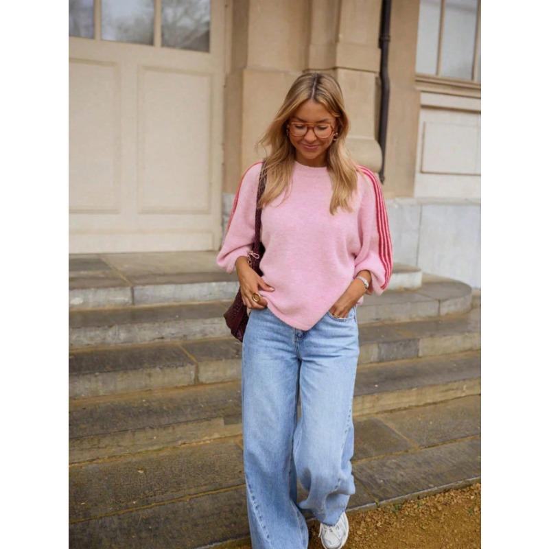 Women S Pink 3 4 Sleeve Loose Fit Crew Neck Knit Sweater