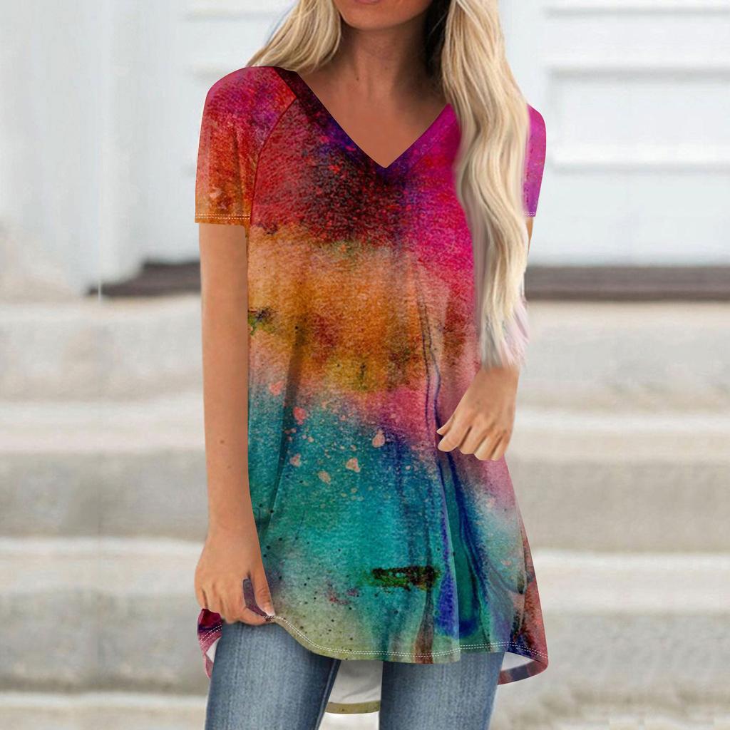 Женские плиссированные свободные топы с короткими рукавами Плюс размер Повседневные топы с V-образным вырезом и короткими рукавами Повседневные летние футболки Женские топы Футболки Рубашки