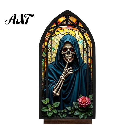 Vintage Church Window Light Halloween Candle Holder, Gothic Stained Glass Style Holder Retro Spooky Candlestick, Tabletop Atmosphere Ornament for Home