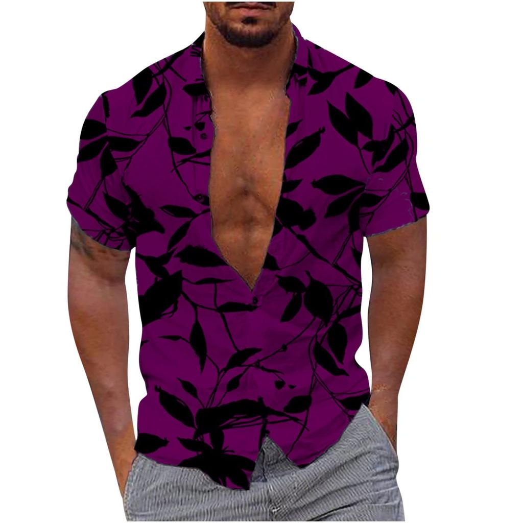 (Qunide) Men's Hawaiian Shirt Fun Short Sleeve Button Up Shirt Tropical Holiday Beach Shirt