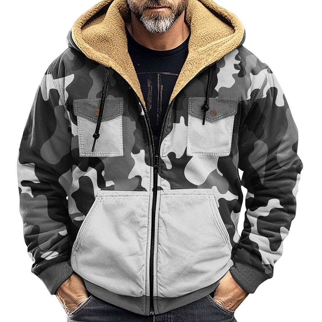 Men's Winter Camouflage Print Jacket Men's Casual Trend Zipper Hooded Jacket