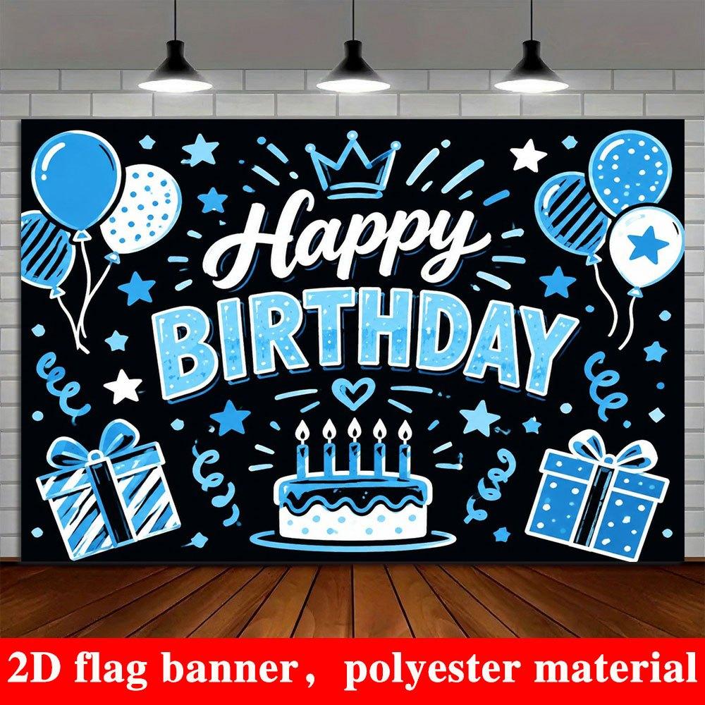 2D Flat Banner, Birthday Backdrop, Cake, Gift Box, Balloons, Stars