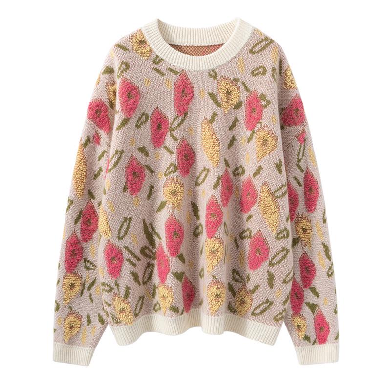 Кашемировый жаккардовый свитер с персиковым цветом, плотный начес, круглый вырез, свободный крой, толстая шерсть.
