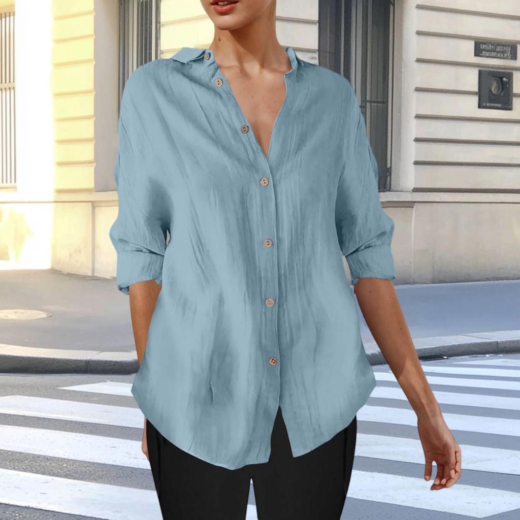 Long Sleeve Linen Shirts For Women Button Down Loose Solid Color Blouse Lightweight Casual Lapel Tunic Tops
