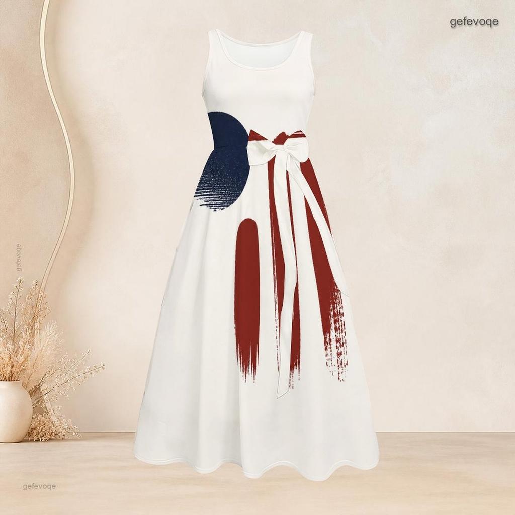 Women Plus Size Round Neck Sleeveless American Flag Printed Tie Waist A Line Long Flared Dress