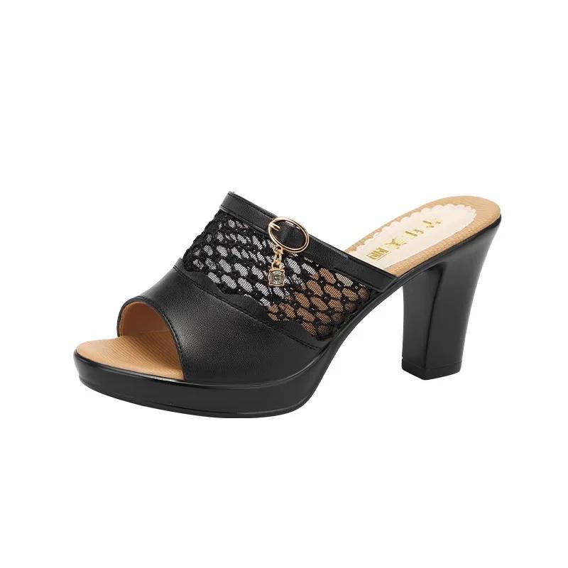 8см 10см Маленький размер 32-43 Перфорированные сетчатые кожаные тапочки Женские туфли на платформе 2025 Летние туфли-слайды на блочном высоком каблуке для офиса Модель