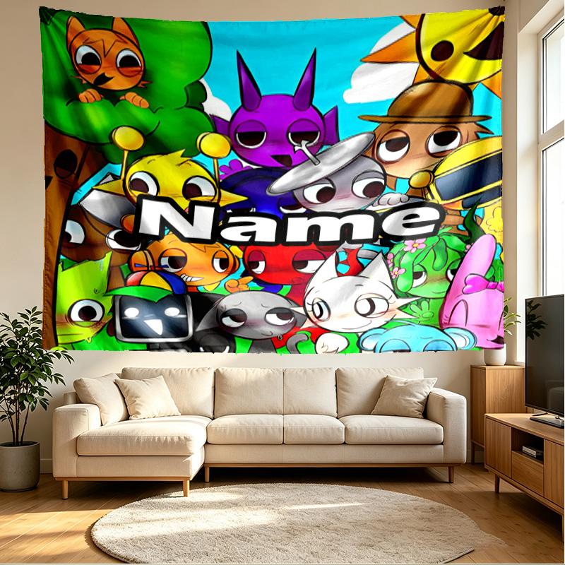 Custom Name Personalized Sprunki Game Print Tapestry, Wall Art Decor, Bedroom, Dorm, Apartment, LivingRoom, Party Backdrop, Gift for Birthday