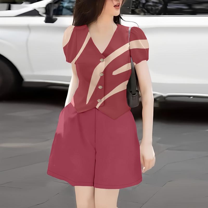 ZANZEA Женский летний комплект из двух частей: блузка с коротким рукавом и шорты с принтом