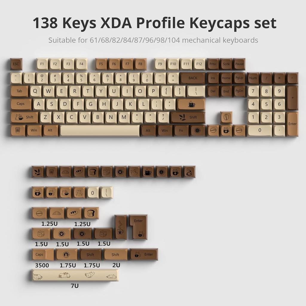 Набор колпачков для клавиатуры XDA PBT 138 Key Dye Sublimation Coffee Cat Costume для игровой механической клавиатуры MX Switch 60, Cherry/Gateron Percent/68/GK61