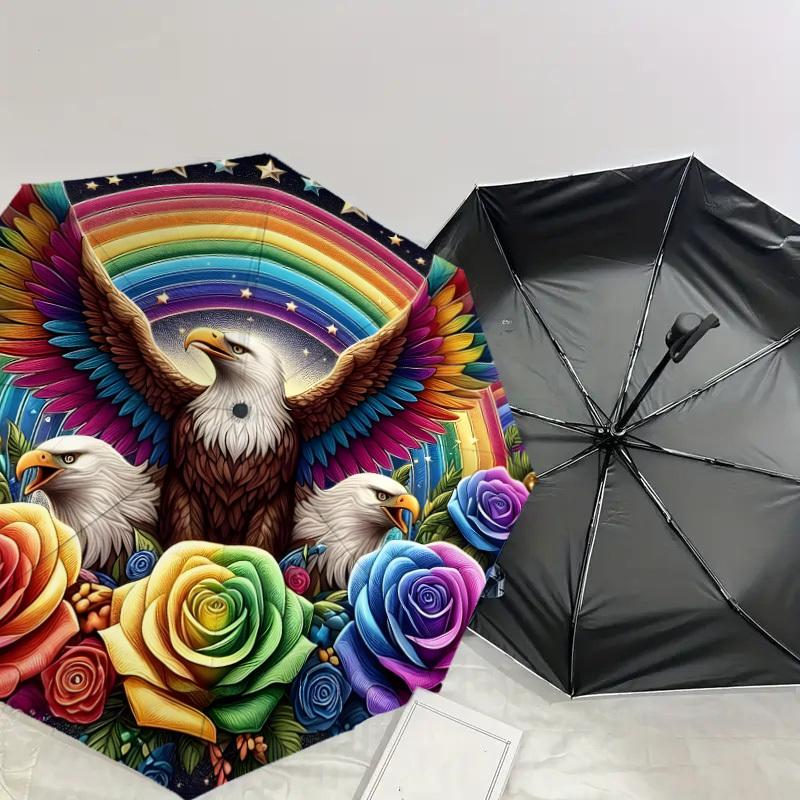 1pc Eagle Rainbow Roses Fantasy Artwork Umbrella with Plastic Handle,Suitable for All Seasons Home Travel Outdoor UmbrellaDD1005