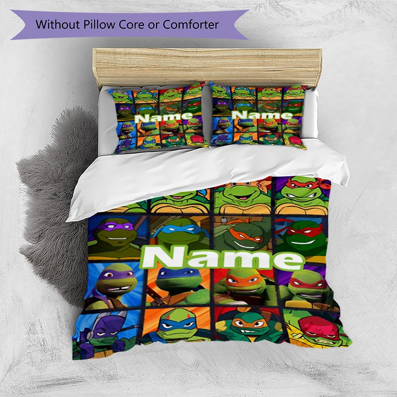 3pcs Duvet Cover Set (1*Duvet Cover + 2*Pillowcase, Without Core), Custom Name Teenage Mutant Ninja Turtles Pattern Bedding Set, Home Bedroom Decor Gi
