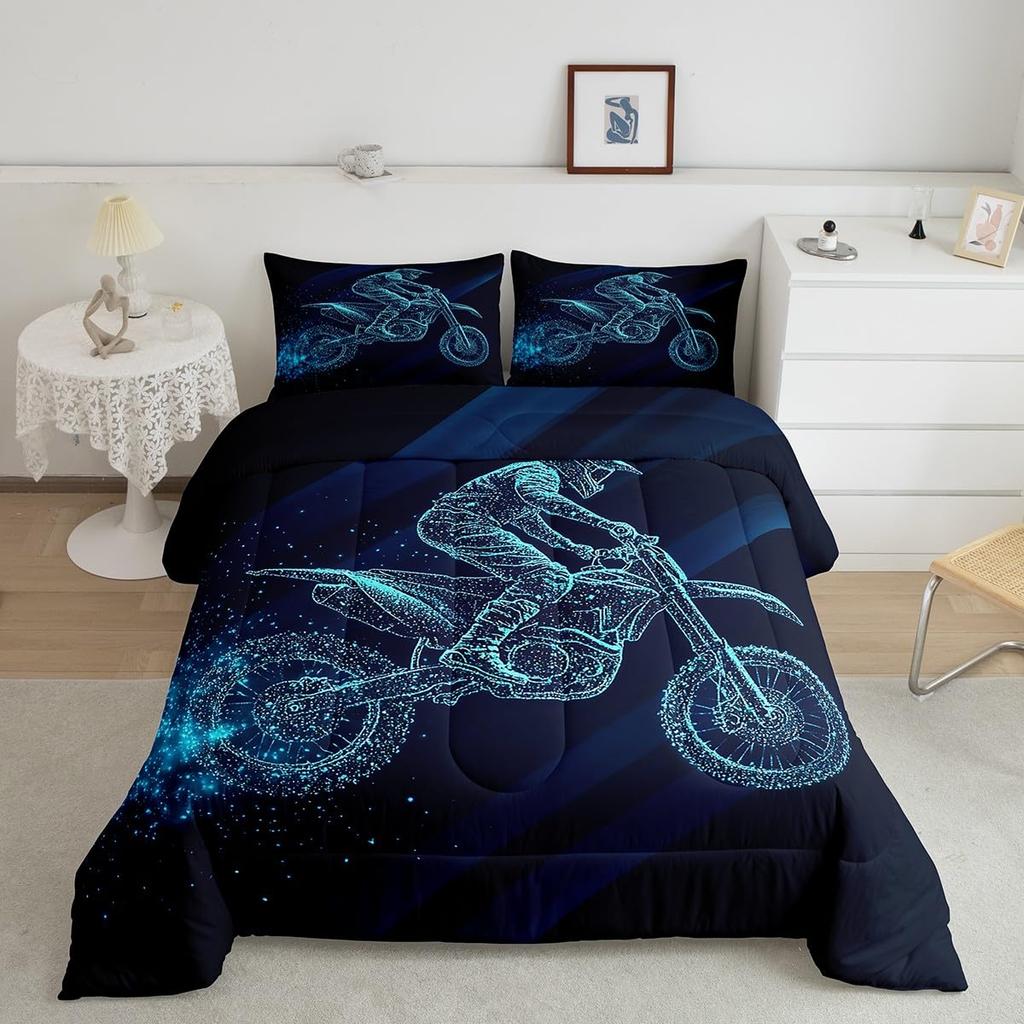 Erosebridal Teens Dirt Bike Comforter Set Twin Size, Motocross Rider Down Comforter for Kids Boys Adult Men, Motorbike Extreme Sport Bedding