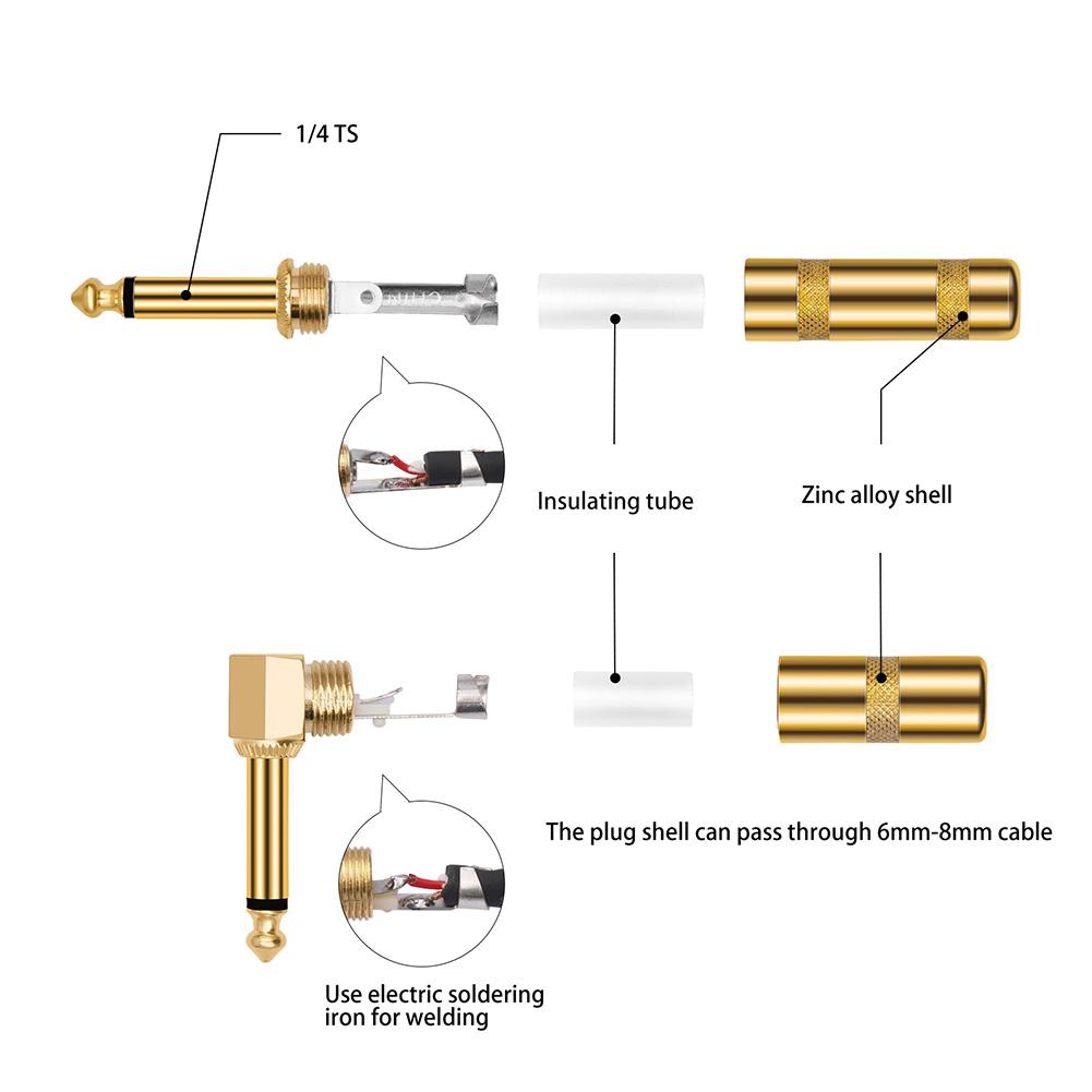 2 шт. 6,35 мм аудио 1/4 дюйма TS штекер DIY мужской прямой головка 90 градусов угловой штекер
