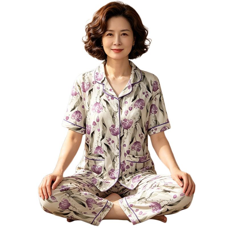 High-end light luxury fashion flower middle-aged mother generation imitation cotton pajamas loose large size short sleeve two-piece set