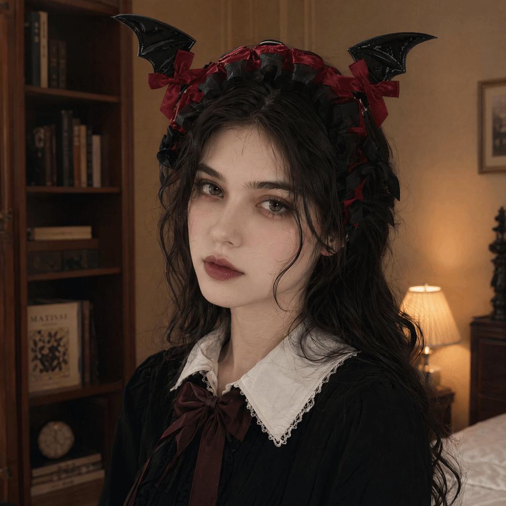 Dark Aesthetic Lace Headband Bowknot Design Gothic Headwear Bat Ears Headband For Halloween Party