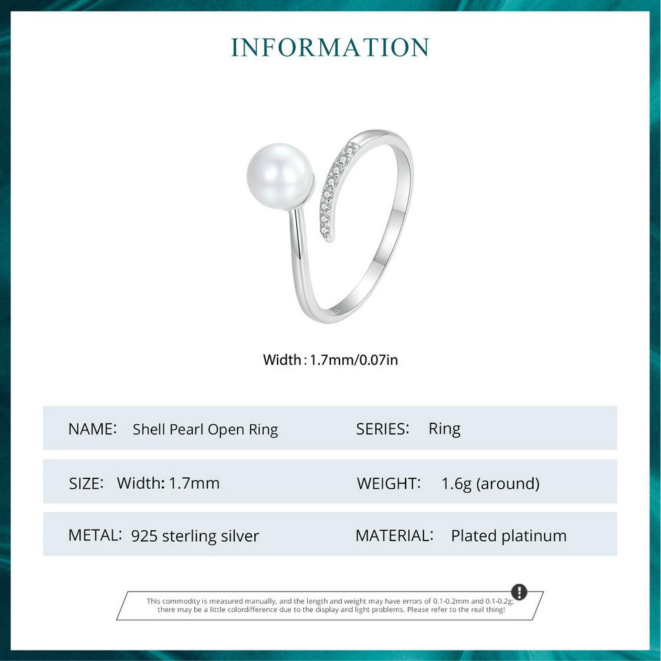 BAMOER, стерлинговое серебро 925 пробы, качественная ракушка, жемчужное кольцо с цирконием, регулируемое кольцо, элегантные ювелирные изделия для женщин