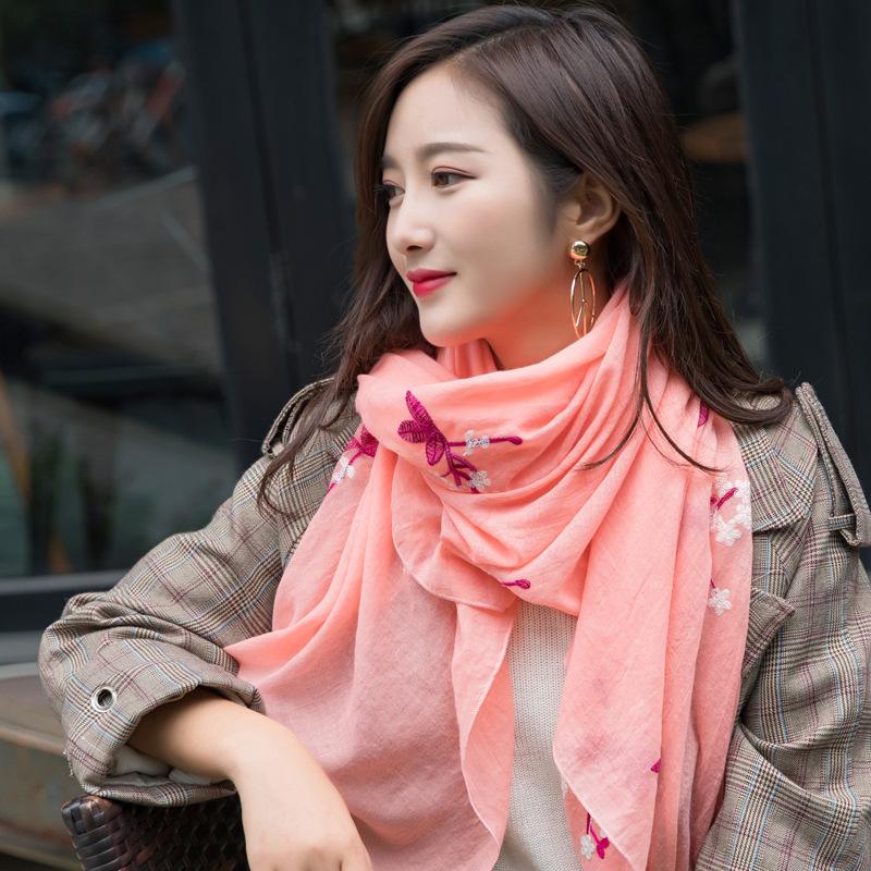 Spring And Summer Ethnic Style Flower Embroidery Silk Scarf Travel Cotton And Linen Embroidery Scarf Women'S Long Shawl