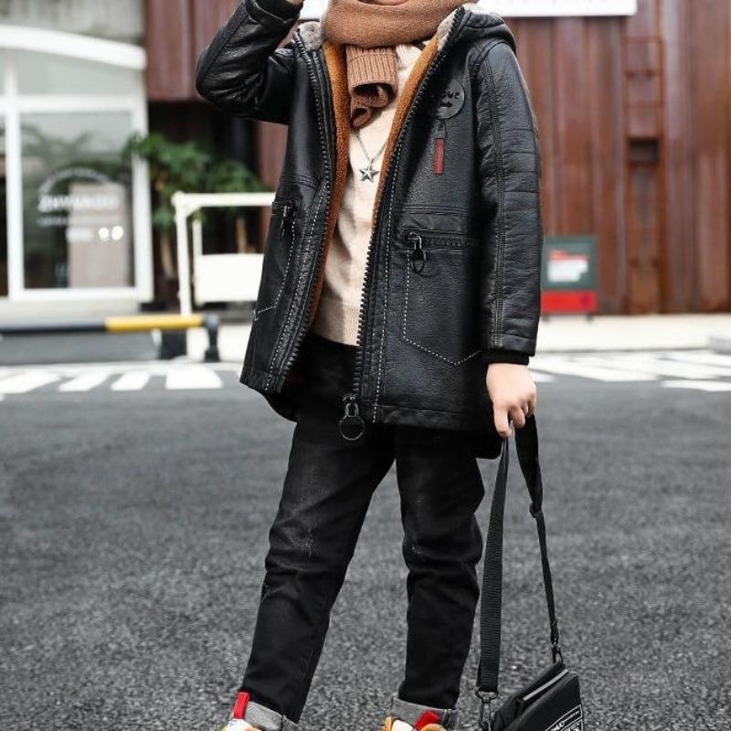 Boys' Casual Fleece-Lined Leather Jacket for Fall/Winter—Children's Mid-Length Thickened Jacket