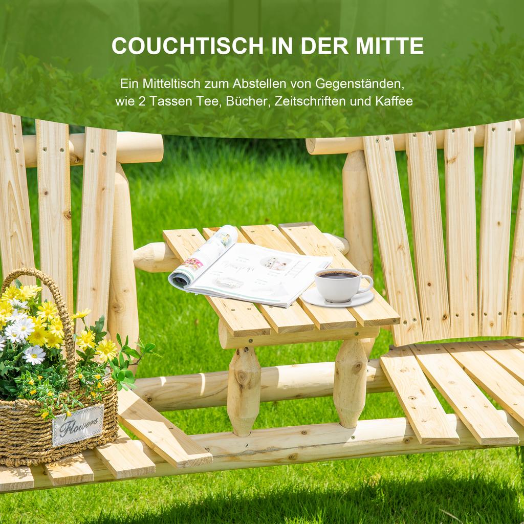 Garden Bench Combination for 2 People, Integrated Table, Natural Wood, 157 x 88 x 103 cm