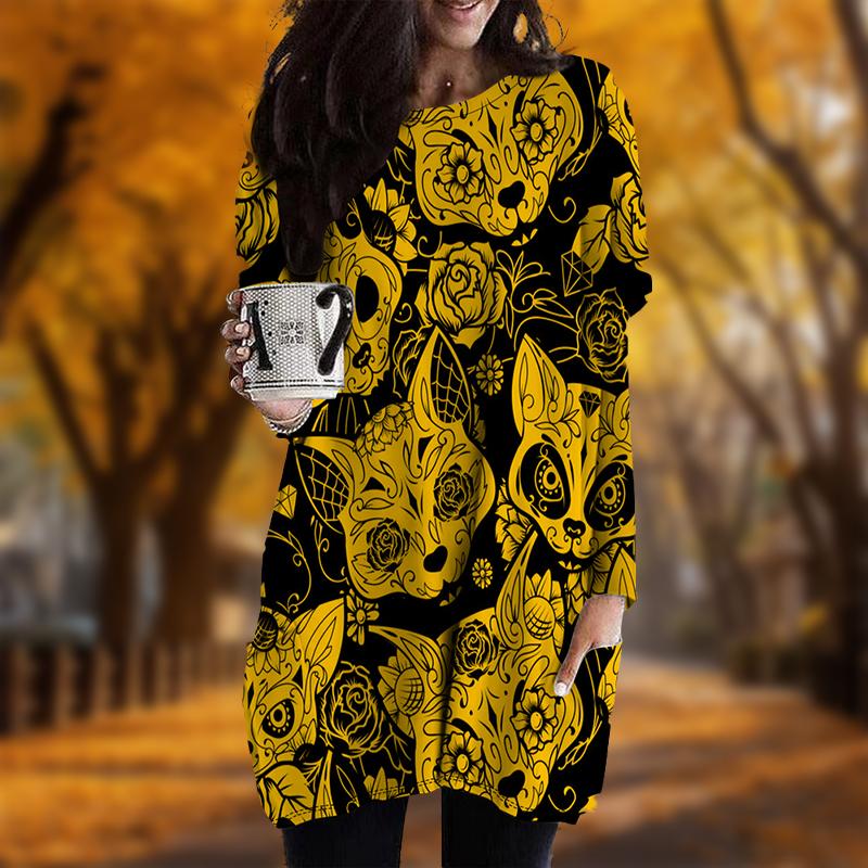 New In Autumn Fox Head Print Plus Size Dress Women O'neck Long Sleeves Casual Pocket Dresses