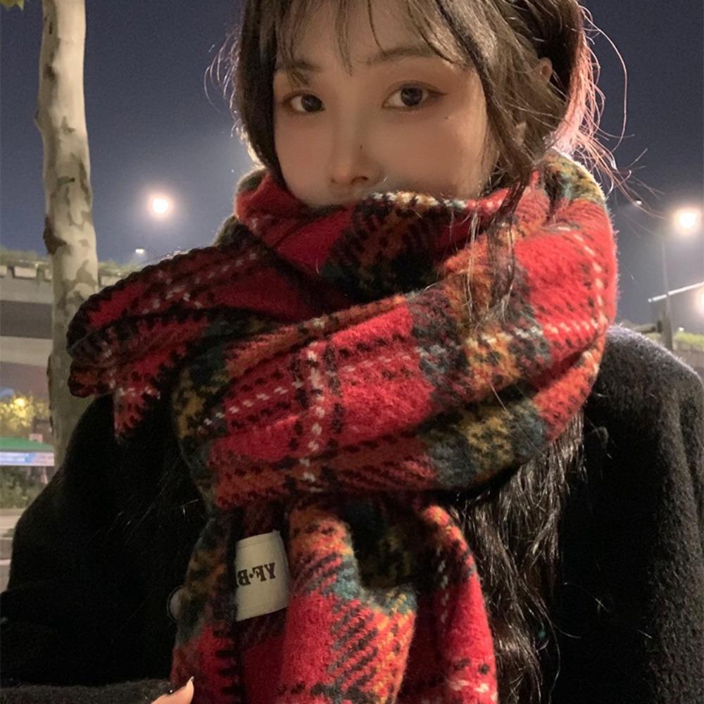 Thick Red Plaid Scarf Plush Long Shawl Classic Cashmere Scarves  Girl