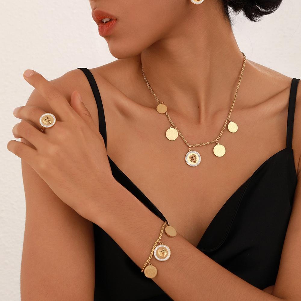 Trendy Hip-Hop Personality Round Lion Head Accessories Diamond Necklace Jewelry Women Set Joyera De Acero Inoxidable