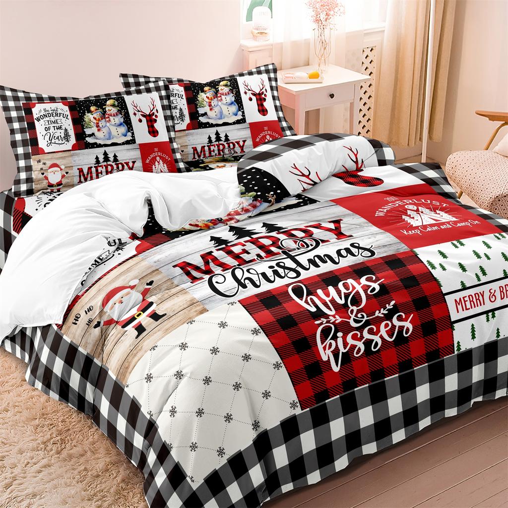3pcs Christmas Theme Duvet Cover Set Vibrant Plaid Print Ultra-Soft Comfortable Material 1duvet Cover 2 Pillowcase Festival Gift