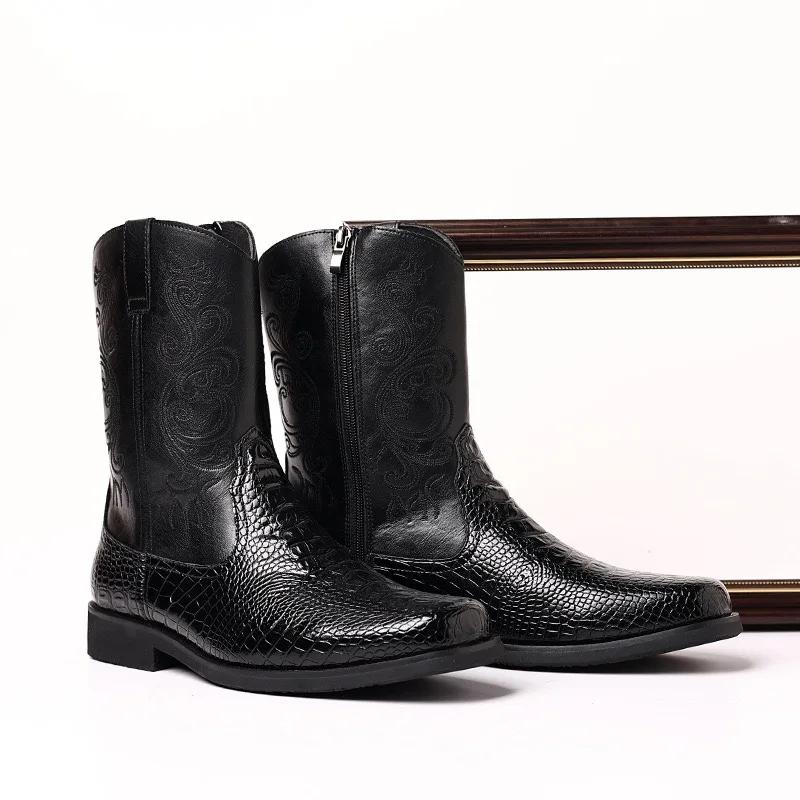 Men Classic Retro Embroidered Mid Calf Boots Fashion High Top Casual Leather Boots Luxury Western Cowboy Boots