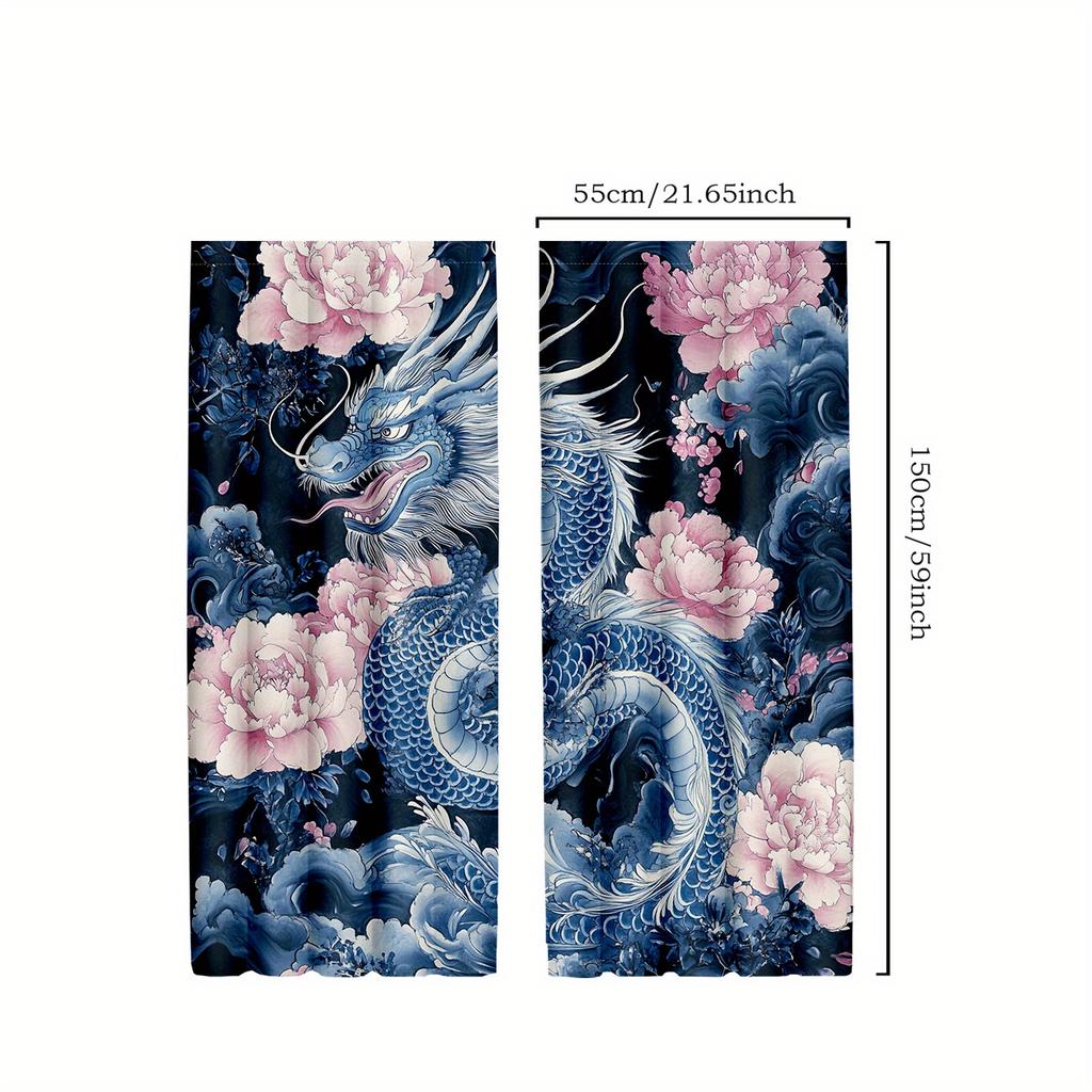 2pcs Japanese Dragon and Flower Curtains, Ancient Mythical Creatures Window Drapes