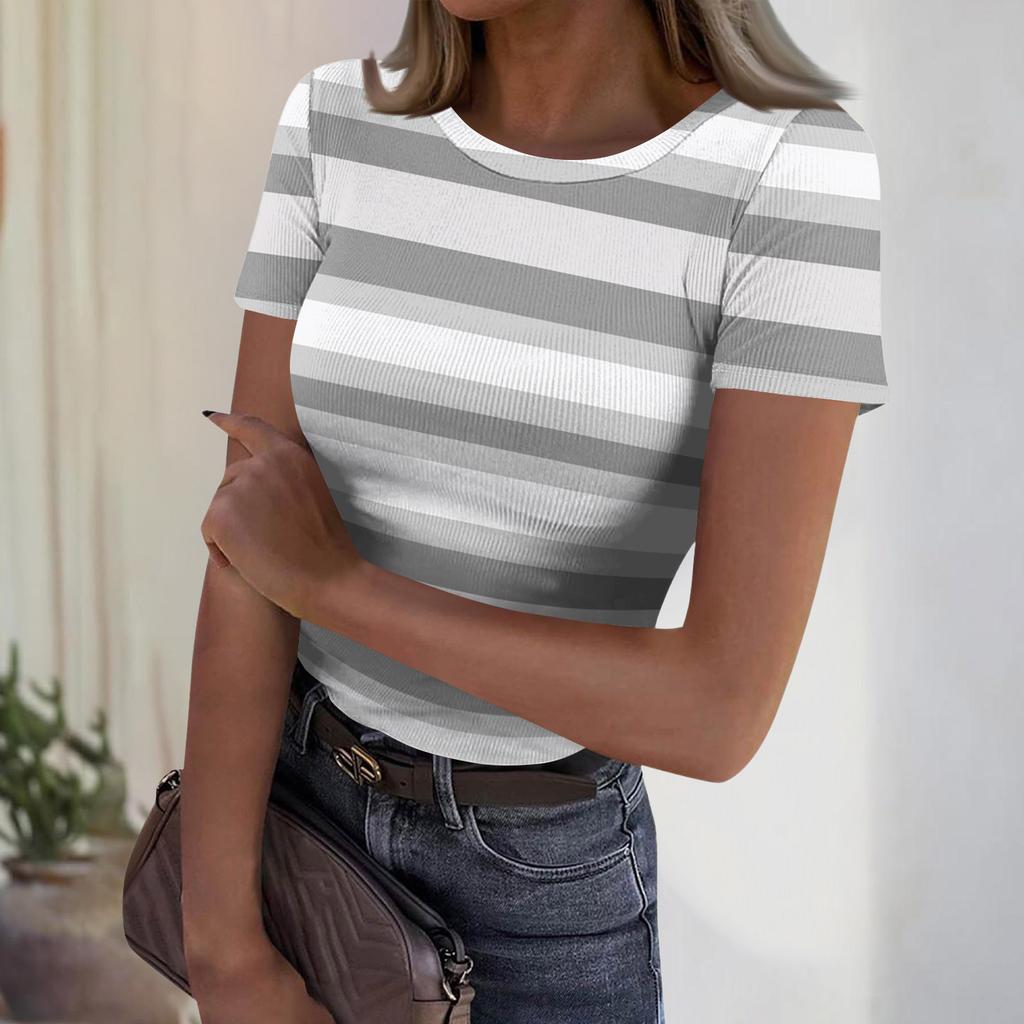 Women's Casual Fashion Round Neck Striped Print Short Sleeve Ribbed Top