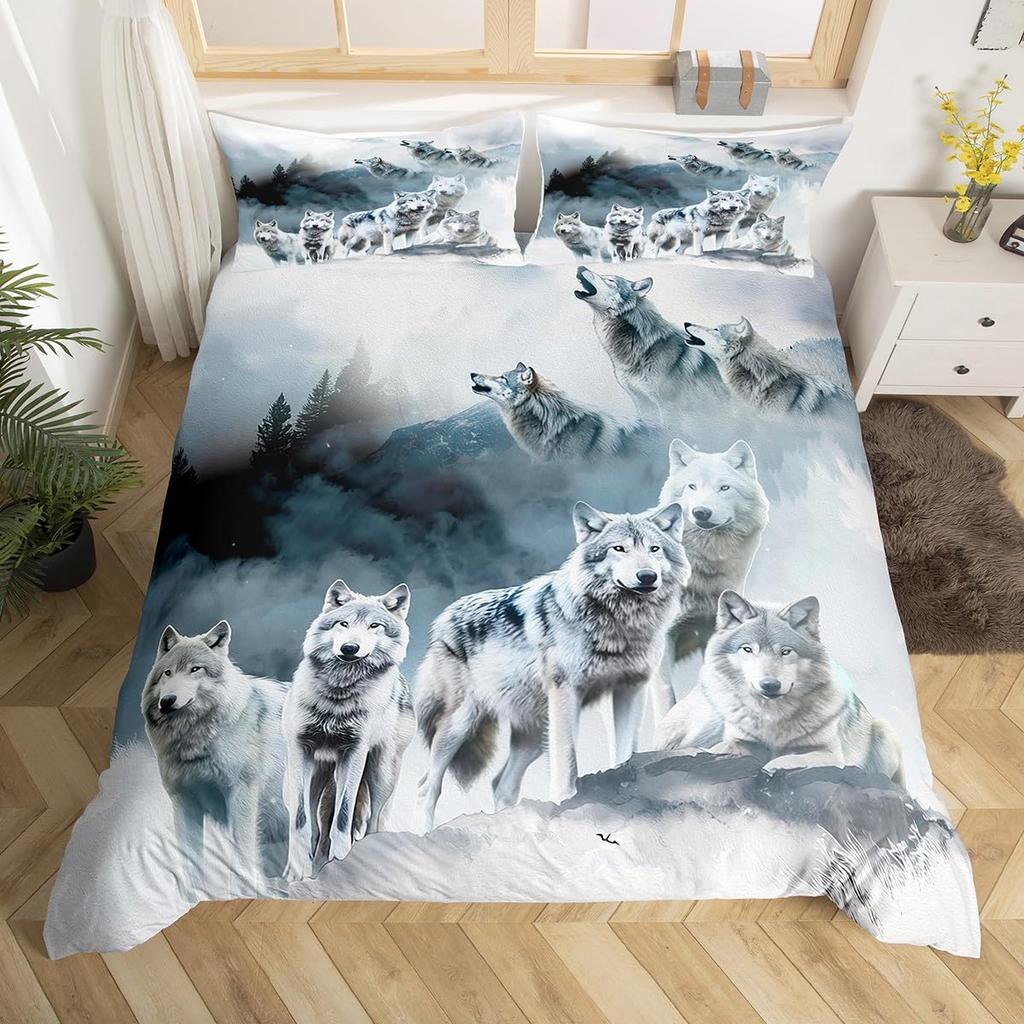 Wolf Warm Comforter Cover King Quen,Safari Animal Beding Set for Young Boys Adult Peoples Wild Wolves Soft Duvet Cover Smoky Mountain Comfortable