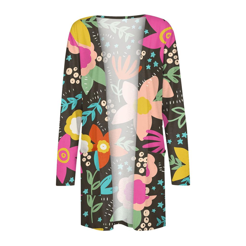 Women's Casual Fashion Floral Print Long Sleeve Mid-Length Cardigan Jacket