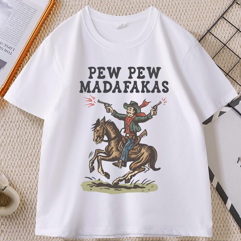 Retro Cowboy TShirt Pew Pew Madafakas Tshirt Funny Western Vintage Graphic Tee Cotton Short Sleeve Printed T Shirt Clothes