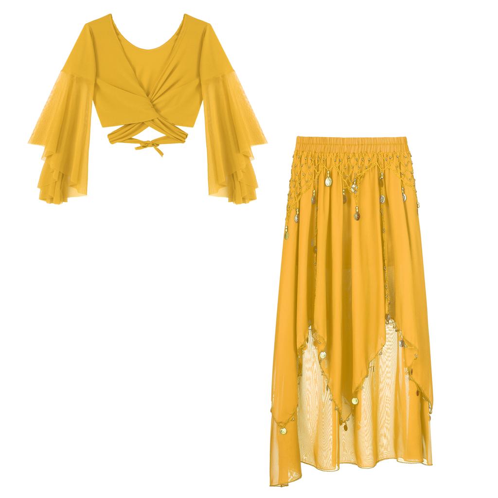 Одежда для танца живота Костюм для восточного танца Укороченный топ для танца живота и шифоновая юбка, расшитая бисером