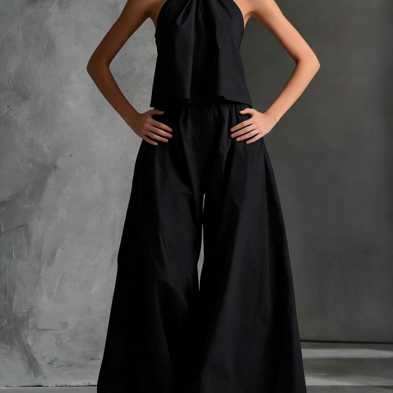 Women's Two Piece Set Halter Sleeveless Top Wide Leg Pants Loose Casual Summer Outfit