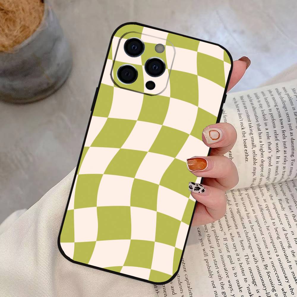 Однотонный клетчатый чехол для телефона для iPhone 17,16,15,14,13,12,11 Plus,Pro Max,XS,Мягкий силиконовый черный чехол