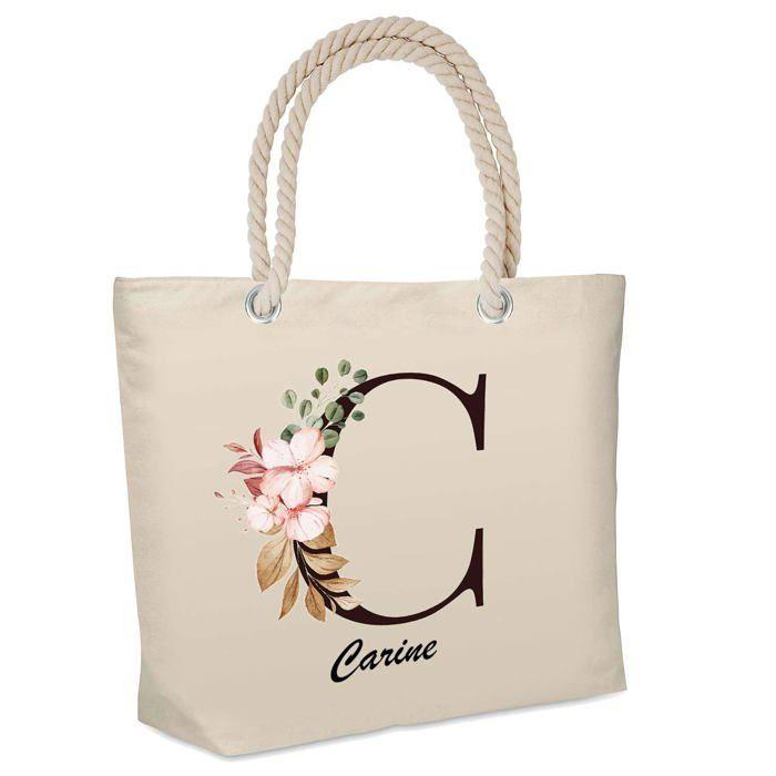Sac de plage - PLANETEE - Carine Lettre Fleur - Isotherme - Coton réutilisable - Imprimé en France