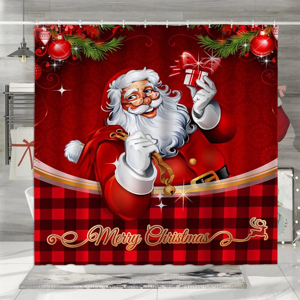 Christmas Shower Curtain, Winter Holiday Farm Snowman Santa Claus Christmas Tree Farmhouse Christmas Balls Bathroom Decoration