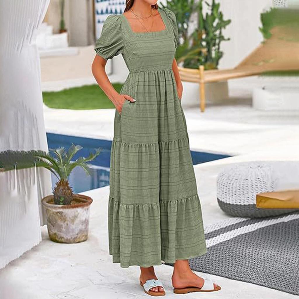 Women's Fashionable Solid Color Bubble Sleeve Square Neck Back Pleated Short Sleeved Pocket Dress