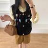2025 Sweaters Short Vest Autumn Buttons Women Embroidered Flowers Print O-Neck Sweaters Knitting White Black Sweater