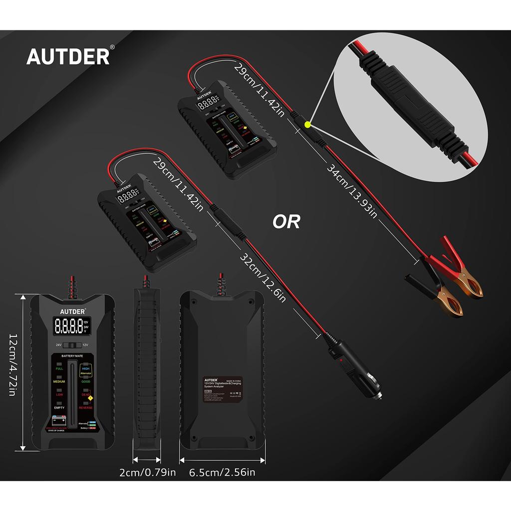 Цифровой тестер аккумуляторов, вольтметр, анализатор системы зарядки генератора переменного тока с ЖК-дисплеем, светодиодным дисплеем, зажимами, кабелем и кабелем прикуривателя