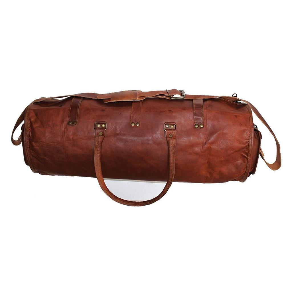 Old Men's Distressed Leather Retro Vintage Large Round Duffel Travel Gym Bag