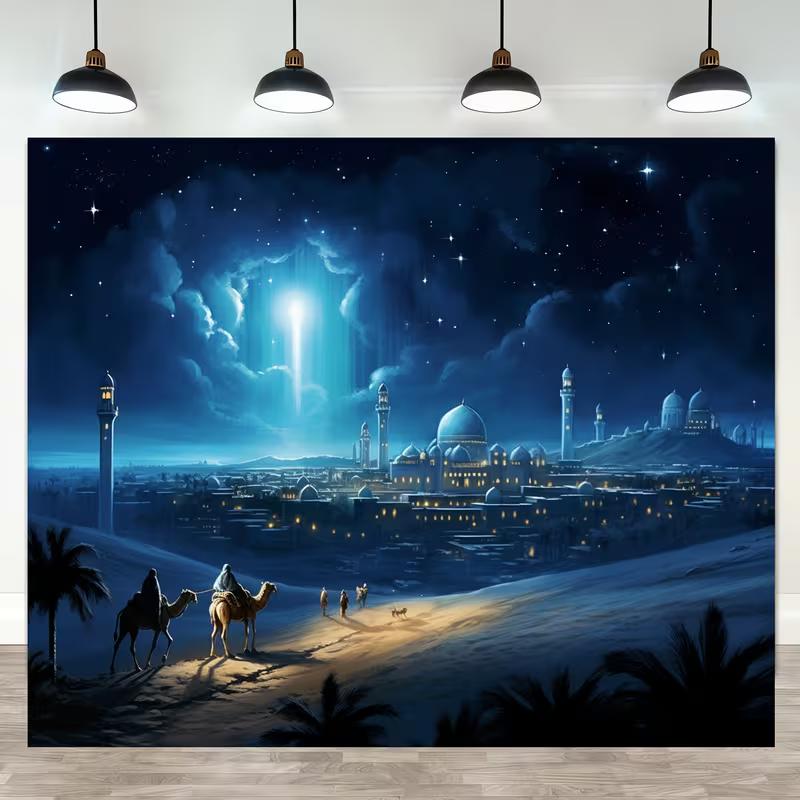 2D Flat Printing Nativity Backdrop, Three Kings & Bethlehem Background Cloth