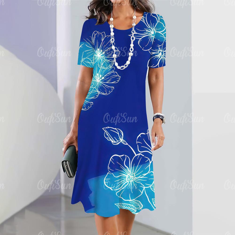 Новые женские платья, элементы 3D-цветочной печати, элегантные повседневные платья с коротким рукавом, модные женские платья больших размеров 2024 года