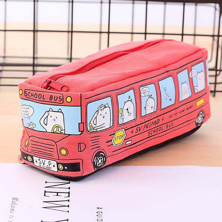 Cartoon Bus Pencil Bag Canvas Large Capacity Car Zipper Pen Pencilcase for Student Stationery School Supplies