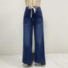 Women's Fashionable Solid Color Lace  Pocket Straight Wide Leg Jeans
