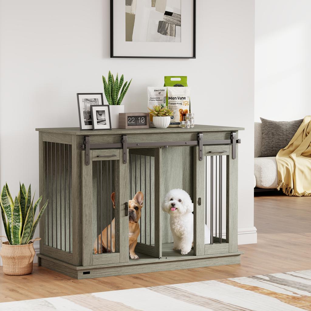 Dog Crate Furniture for Large Dogs, Double Dog Cage for Small Dogs, with Divider - Grey