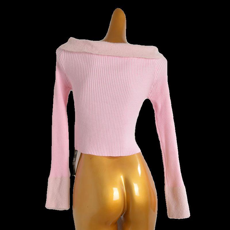 French Sexy Sexy Split off-Shoulder Knitwear Women's Clothing Silm Slimming Inner Short Long Sleeve Top Fall and Winter