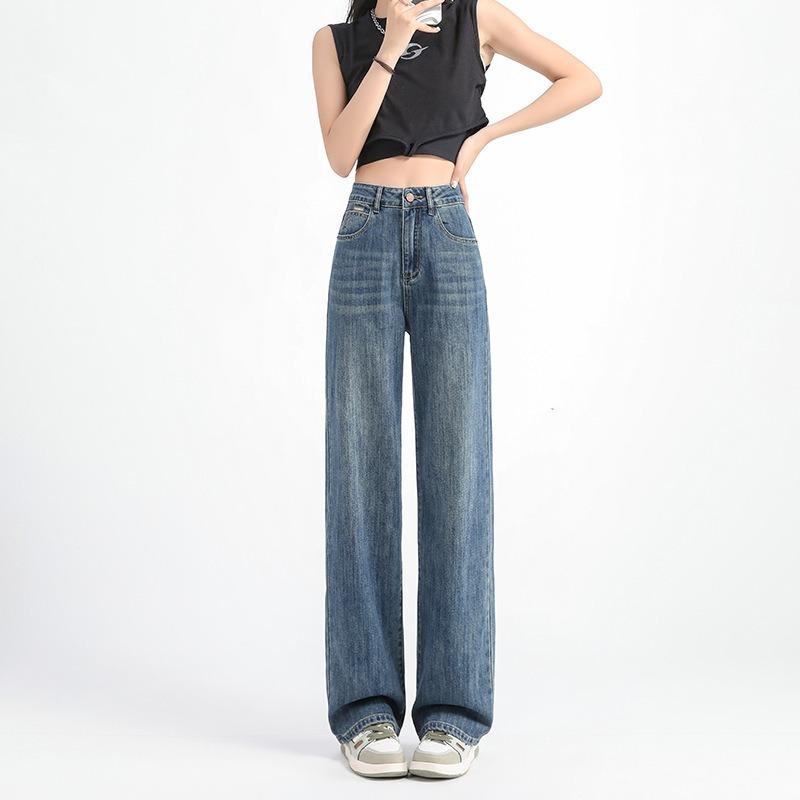 Женские весенние новые ретро простые все с высокой талией узкие широкие длинные прямые джинсовые брюки